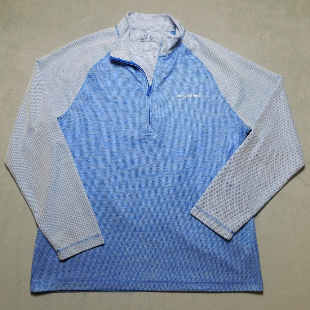 Vineyard Vines Mens Large Blue White Colorblock Performance Quarter Zip Pullover